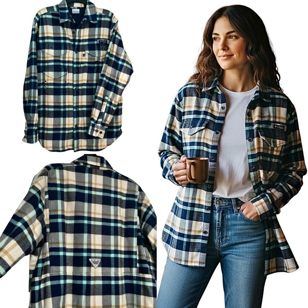 Columbia PFG Blue Plaid Cotton Flannel Button-Up Shirt Jacket Men’s Size Medium